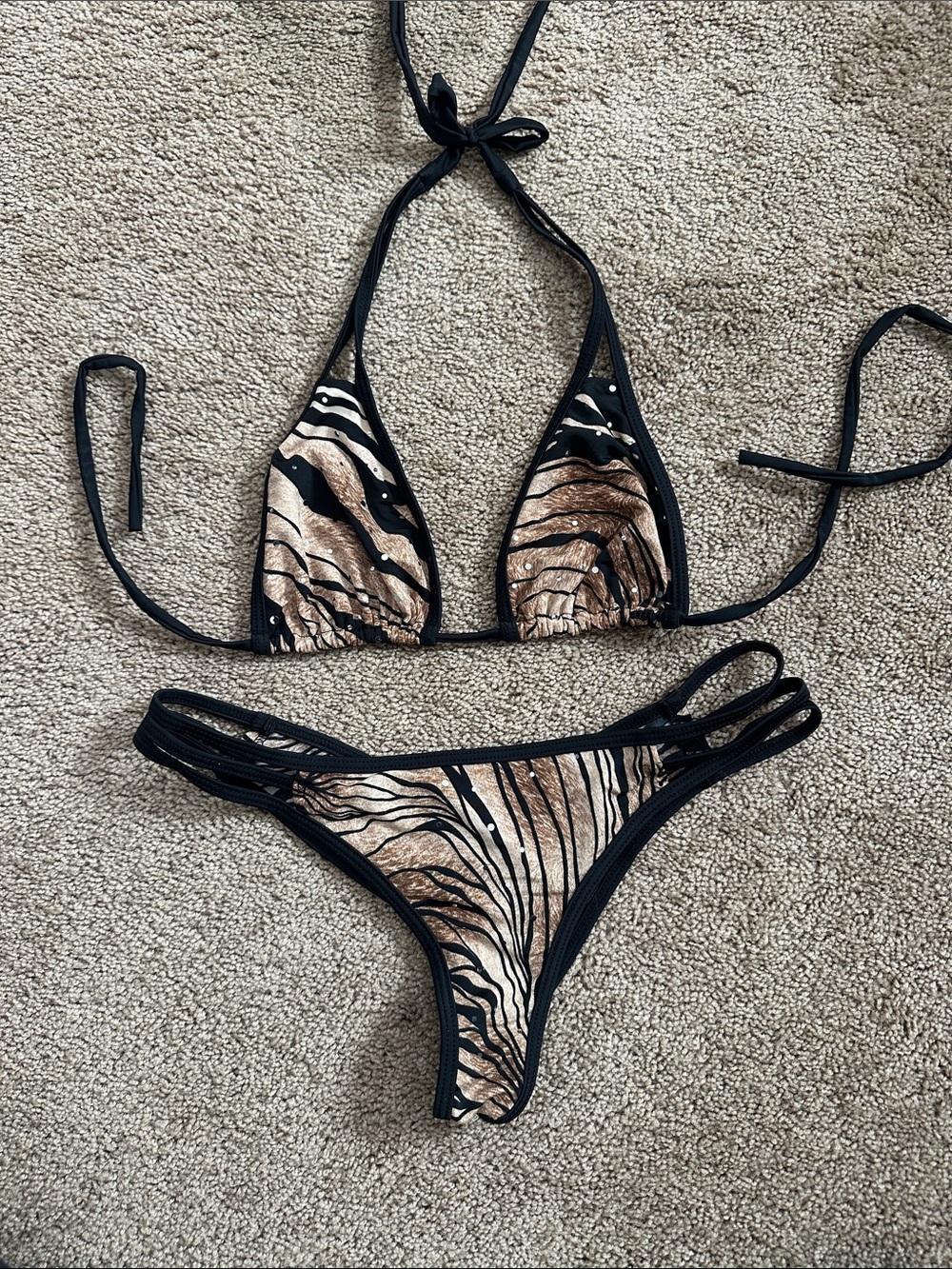 Black and Beige Zebra-Print String Bikini - Women Swim
